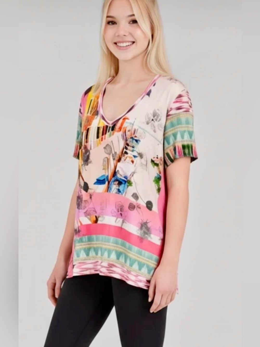 Johnny Was "Angelica" Stripe Favorite Tee bamboo fabric, size L
